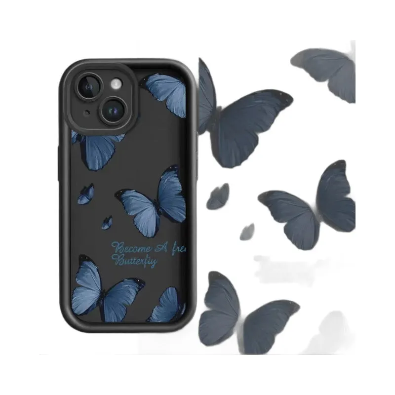 Blue butterfly printed edging drop-resistant TPU phone case for iPhone in black