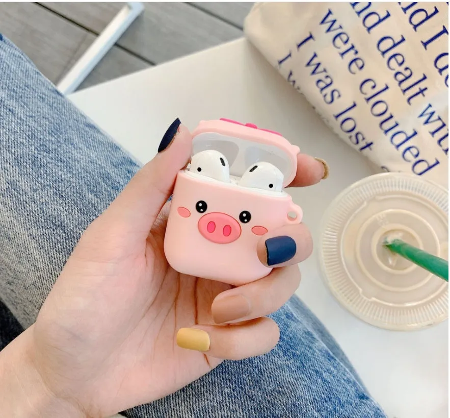 Silicone protective case for AirPods 1/2 with anti-fall cartoon animal design, Pink Butterfly Pig style