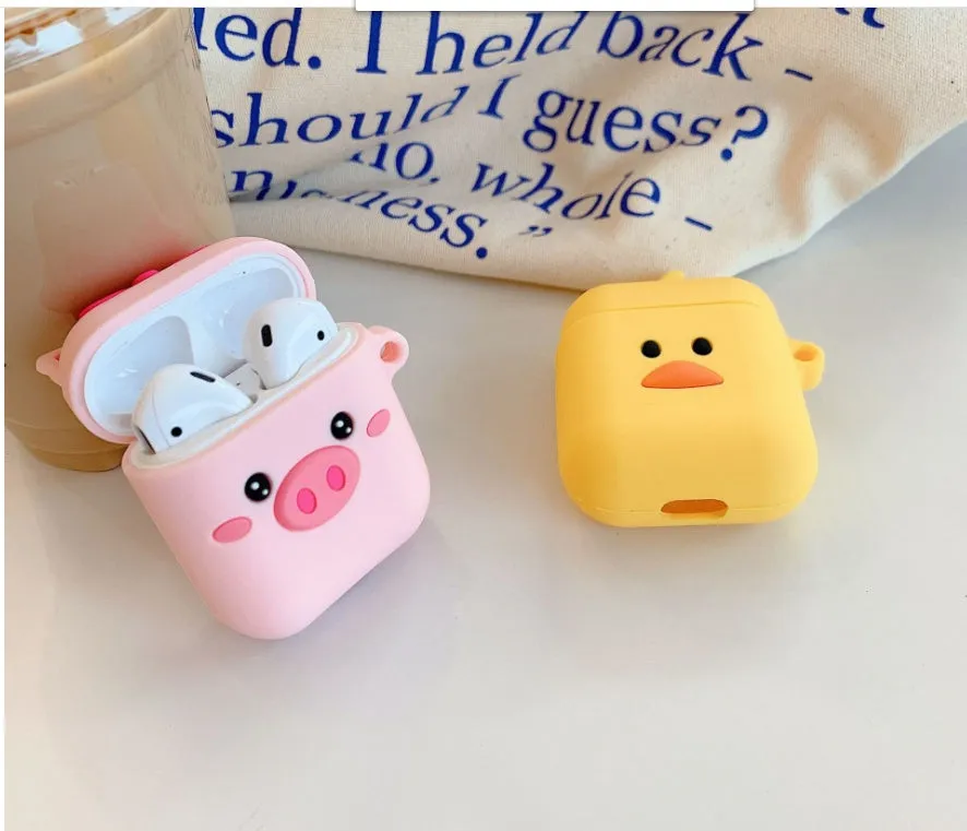 Silicone protective case for AirPods 1/2 with anti-fall cartoon animal design, Pink Butterfly Pig style