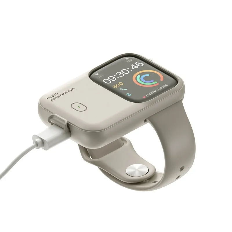 Apple Watch portable charging case with silicone cover, shown in Brown, Midnight Blue, and Starlight colours.