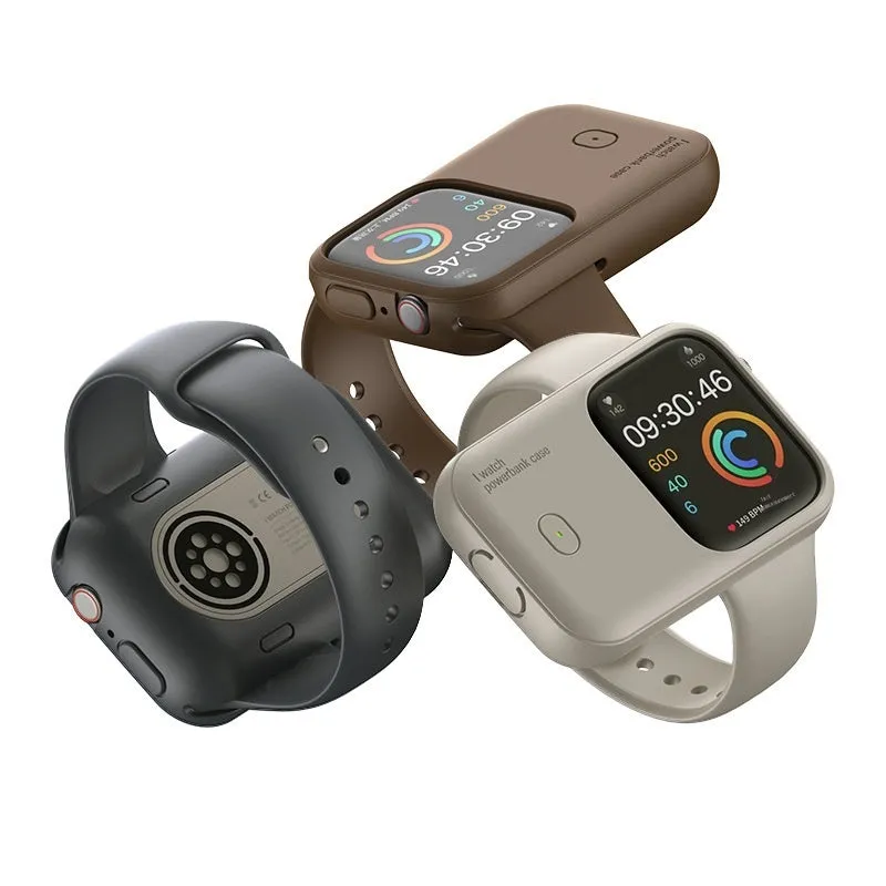Apple Watch portable charging case with silicone cover, shown in Brown, Midnight Blue, and Starlight colours.