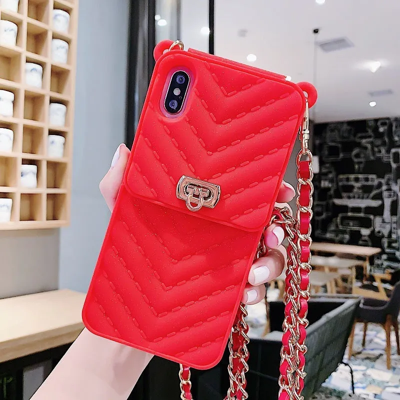 Chain card phone case wallet style in pure colour black with detachable chain on white background