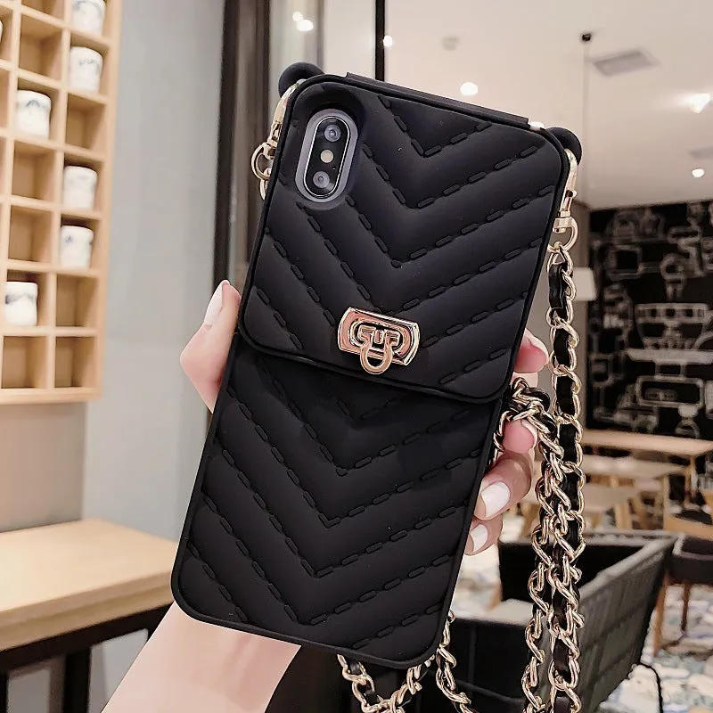 Chain card phone case wallet style in pure colour black with detachable chain on white background