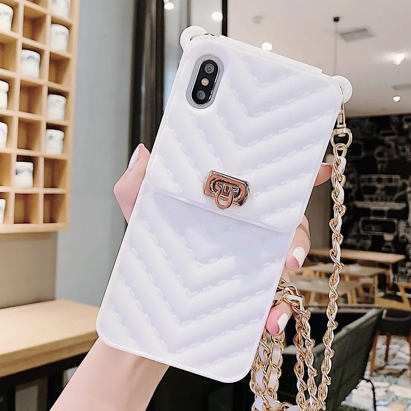 Chain card phone case wallet style in pure colour black with detachable chain on white background
