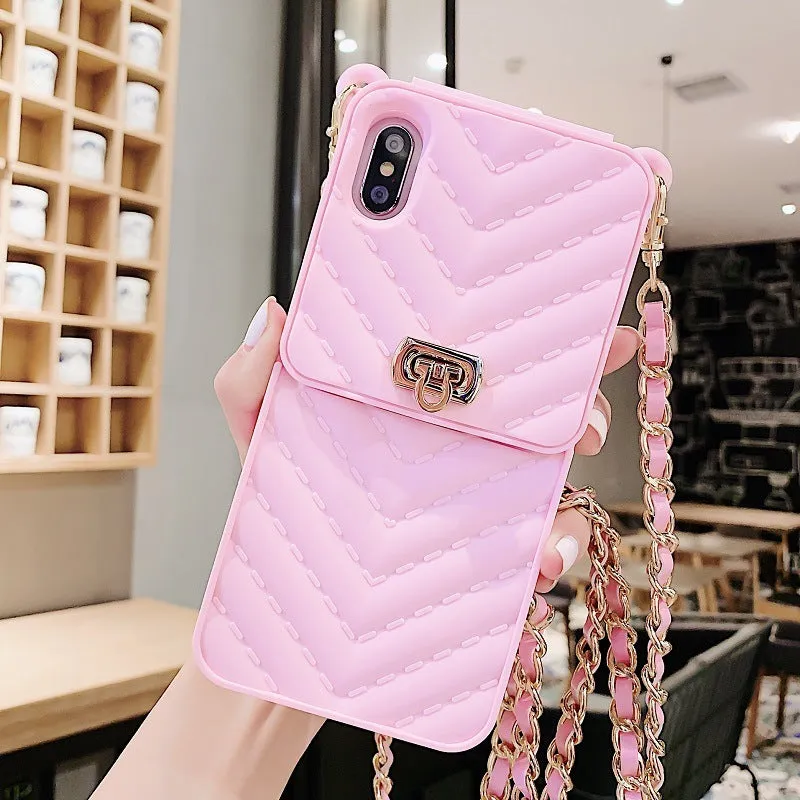 Chain card phone case wallet style in pure colour black with detachable chain on white background