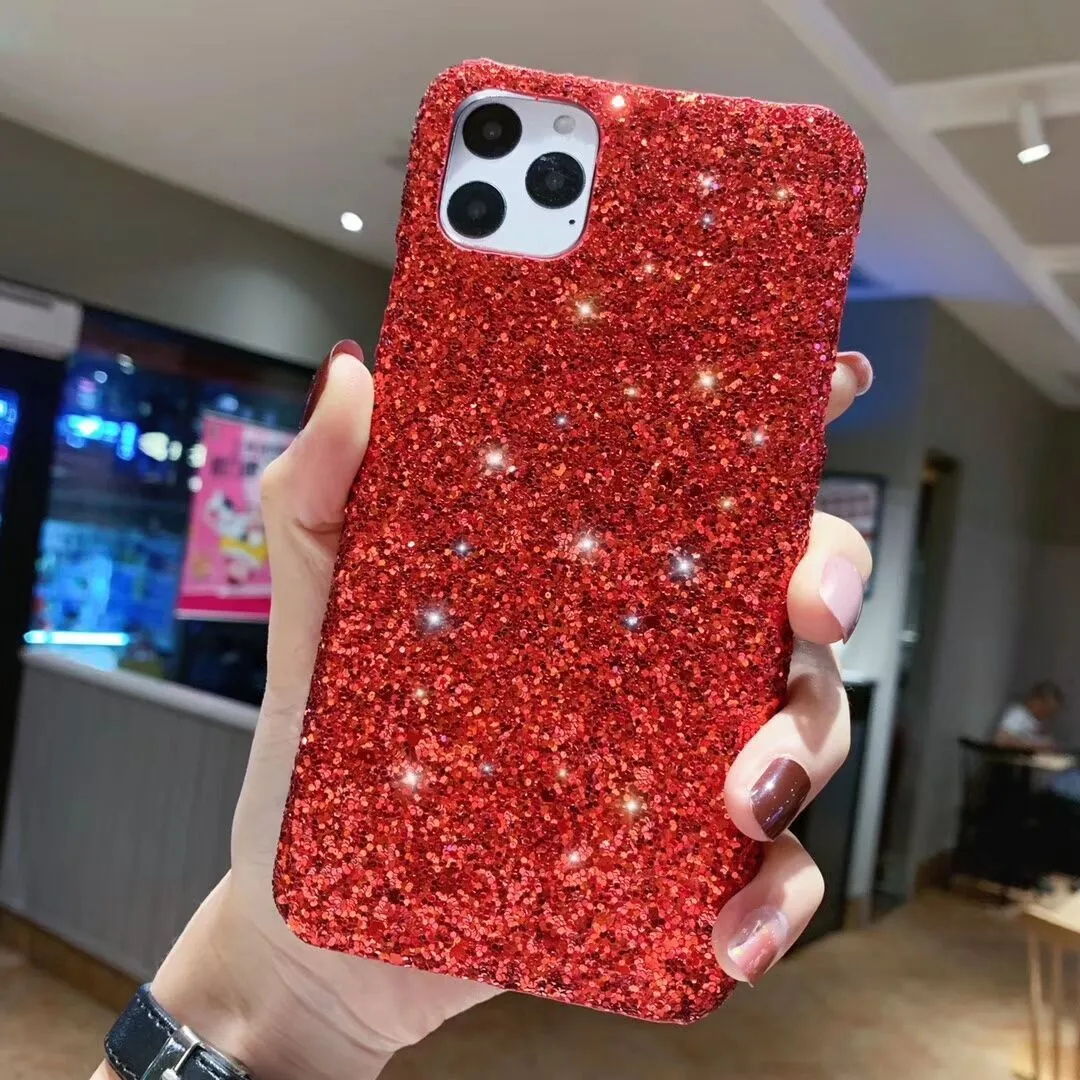 Glitter sequin PC phone case for iPhone models with raised camera frame in black colour option