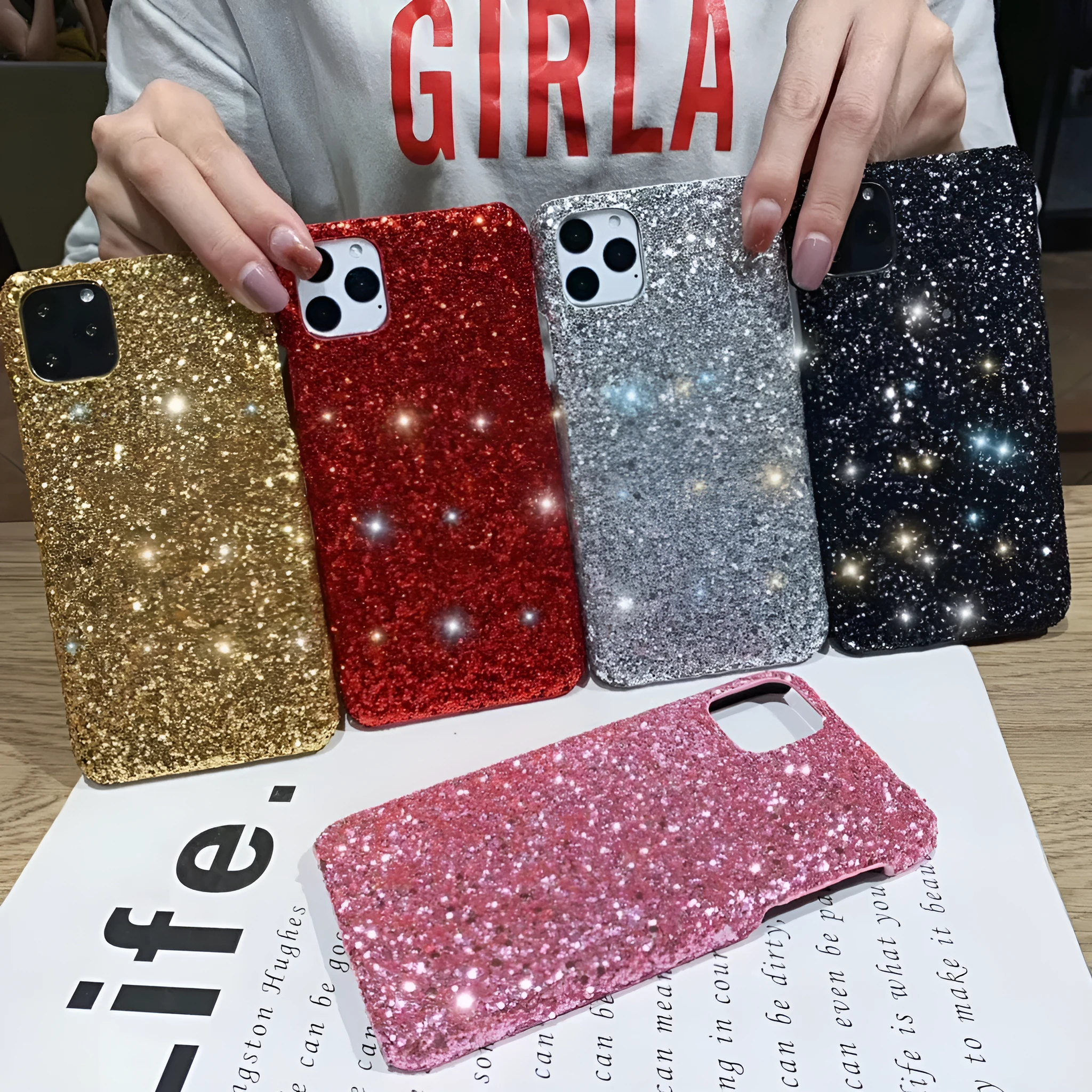 Glitter sequin PC phone case for iPhone models with raised camera frame in black colour option