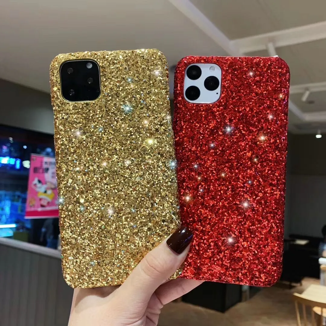 Glitter sequin PC phone case for iPhone models with raised camera frame in black colour option