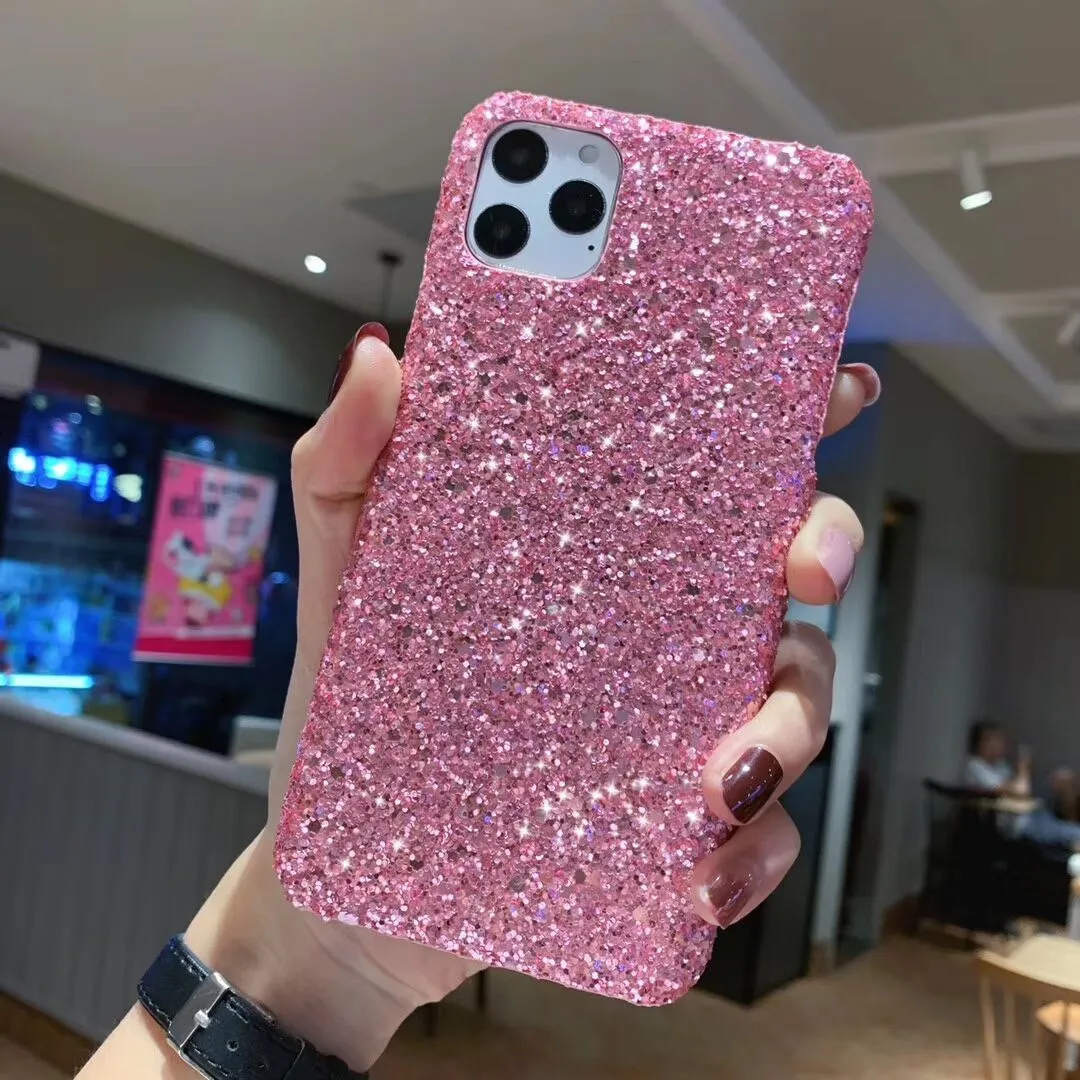Glitter sequin PC phone case for iPhone models with raised camera frame in black colour option