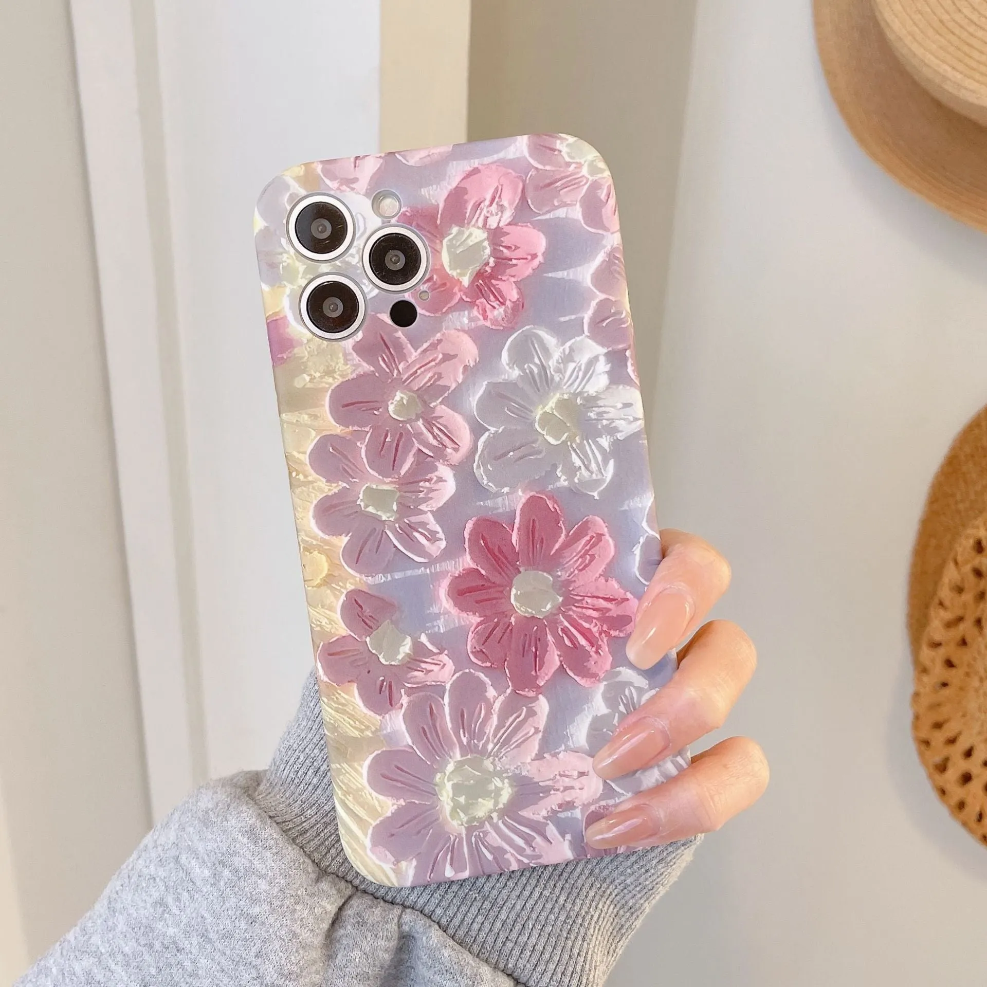 Silicone phone case with oil painting pink flower design for iPhone models, rear cover type