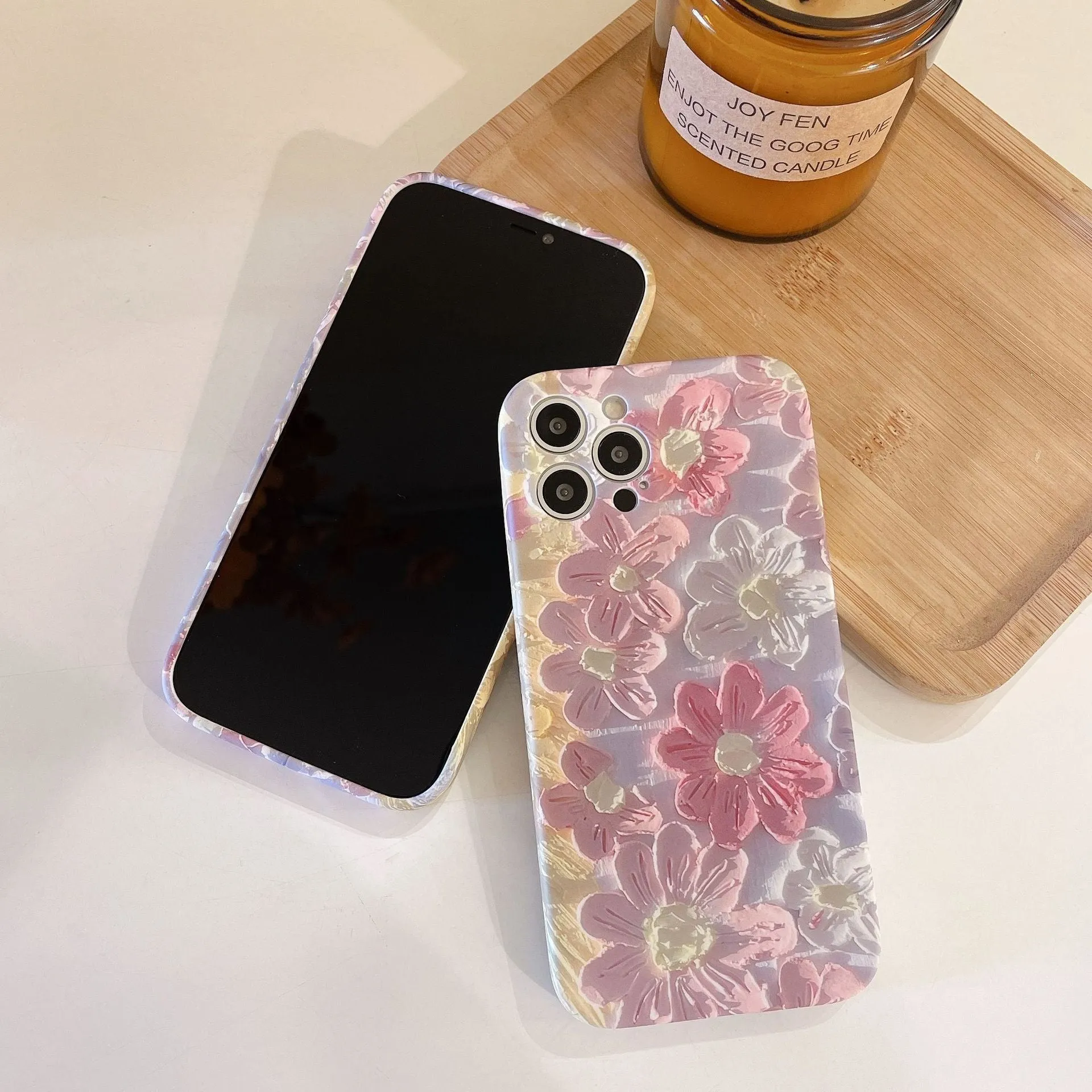 Silicone phone case with oil painting pink flower design for iPhone models, rear cover type