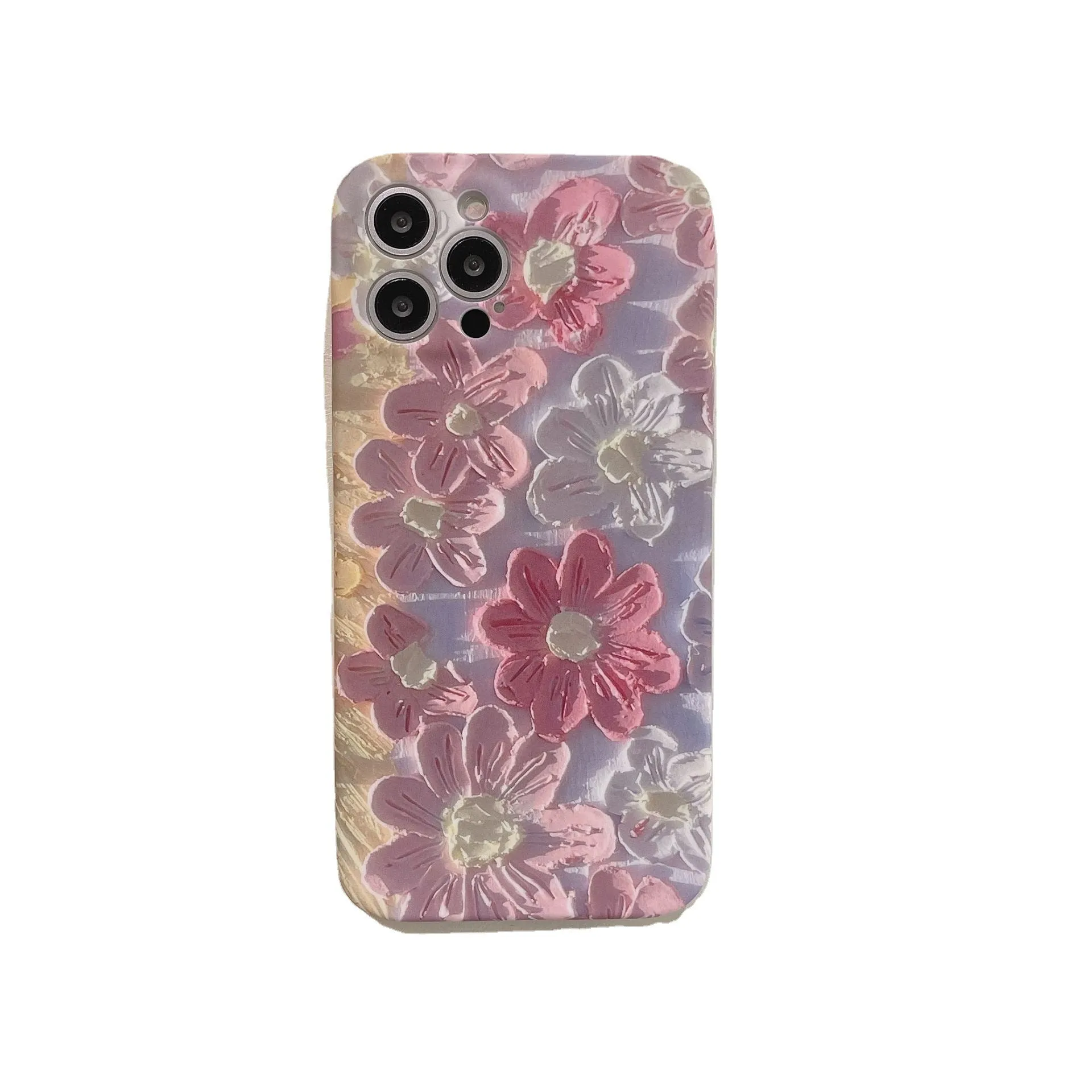 Silicone phone case with oil painting pink flower design for iPhone models, rear cover type