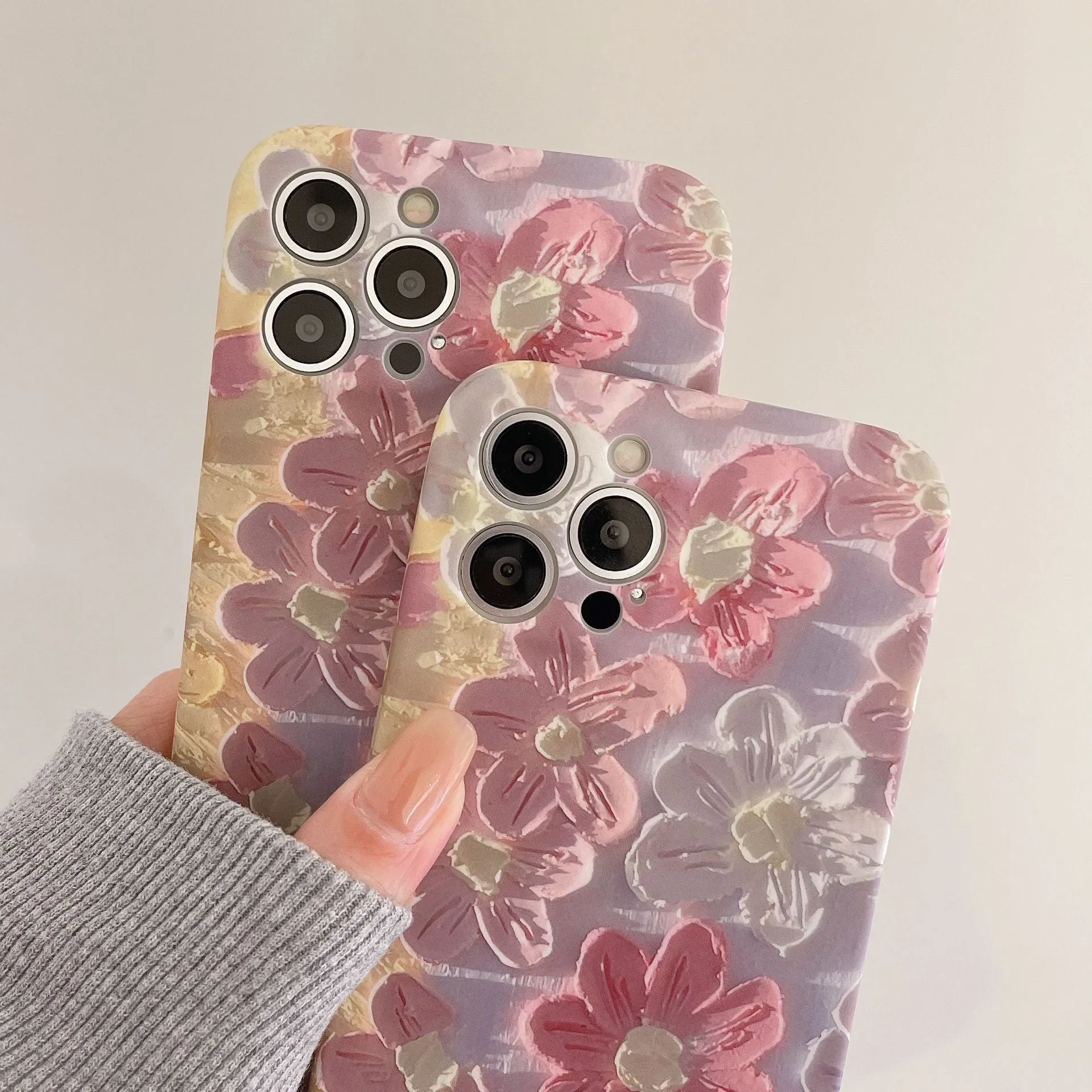 Silicone phone case with oil painting pink flower design for iPhone models, rear cover type
