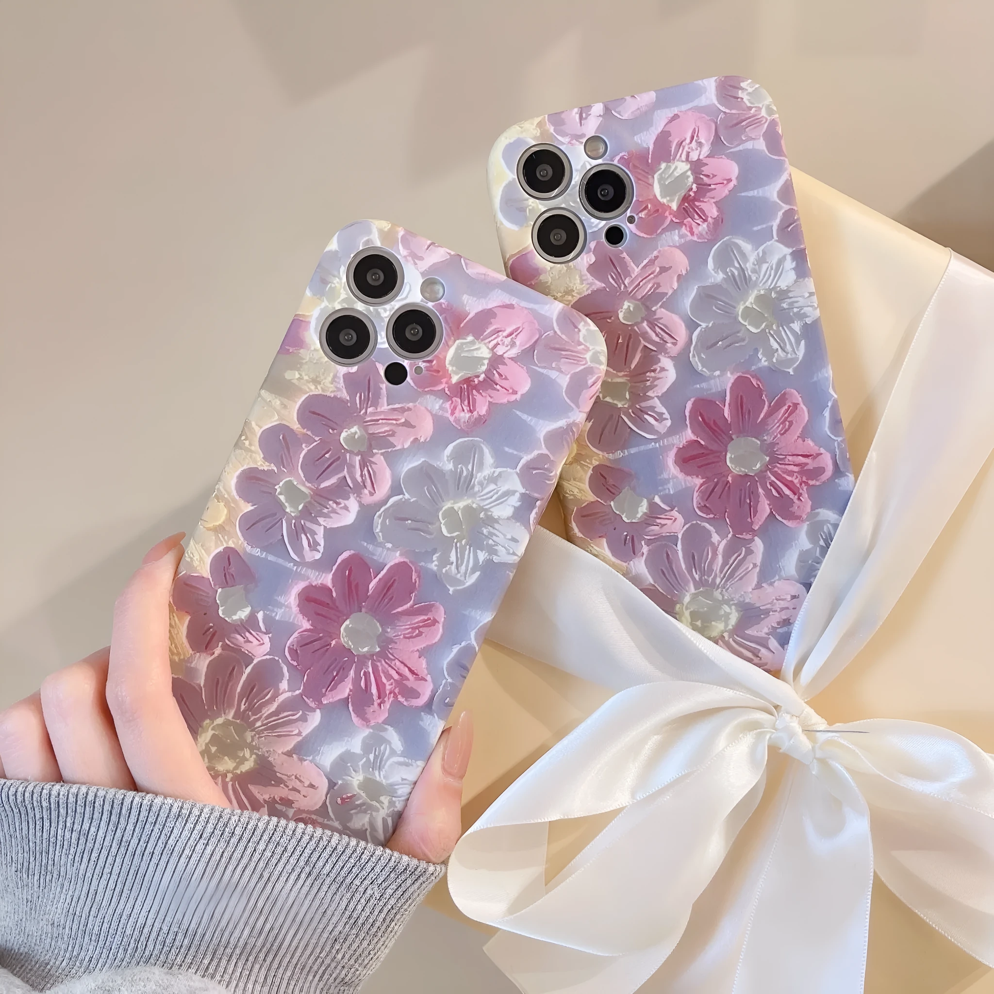Silicone phone case with oil painting pink flower design for iPhone models, rear cover type