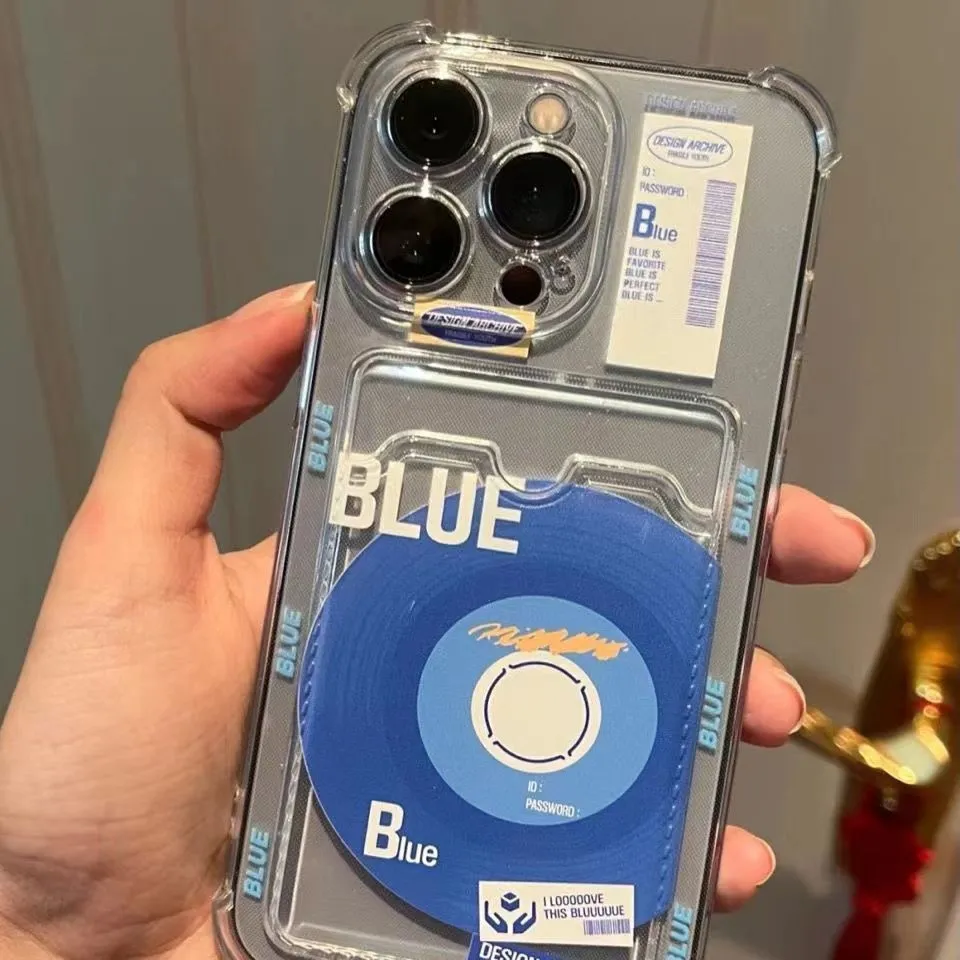 Klein Blue transparent card sleeve phone case for iPhone showing front and back with card slot