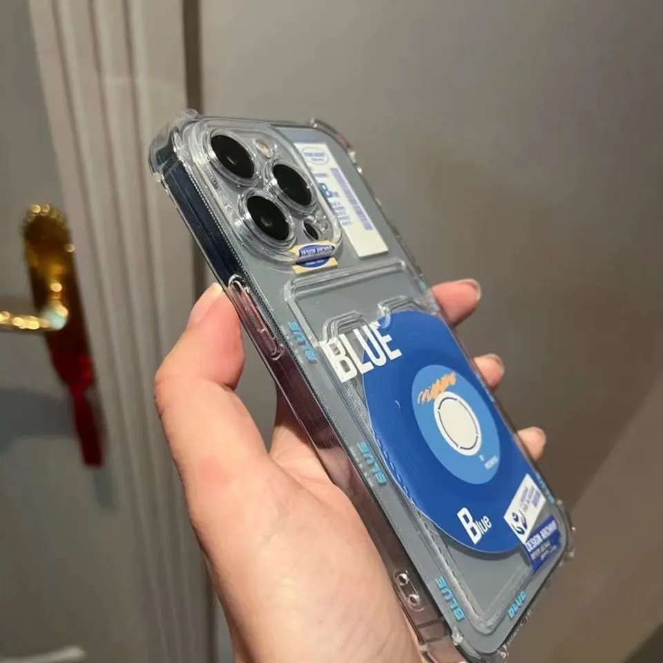 Klein Blue transparent card sleeve phone case for iPhone showing front and back with card slot