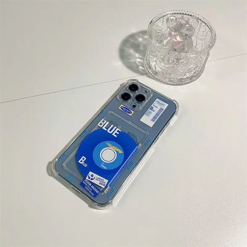 Klein Blue transparent card sleeve phone case for iPhone showing front and back with card slot