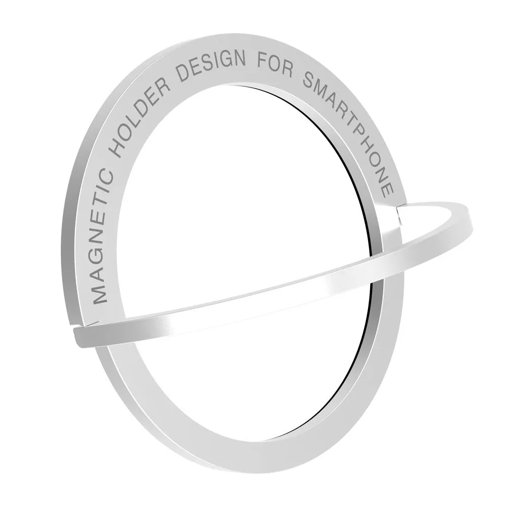 Round zinc alloy mobile phone holder on a desk, 56mm diameter, available in black or silver