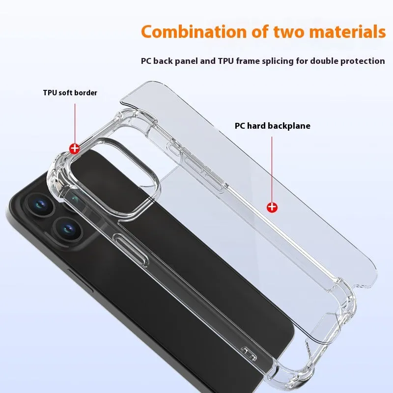 Transparent TPU PC phone case with anti-fingerprint surface and drop-resistant airbag design for iPhone