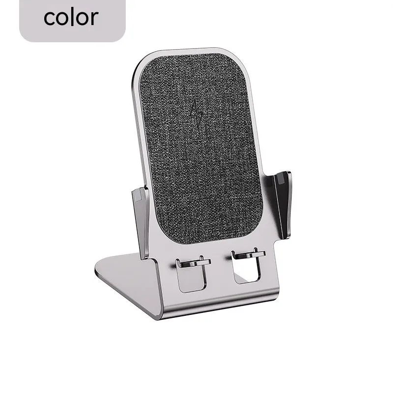 Metal desktop stand wireless charger in silver finish with phone charging on desk