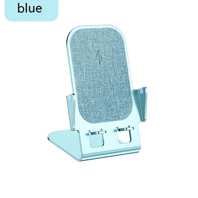 Metal desktop stand wireless charger in silver finish with phone charging on desk