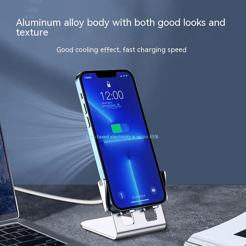 Metal desktop stand wireless charger in silver finish with phone charging on desk
