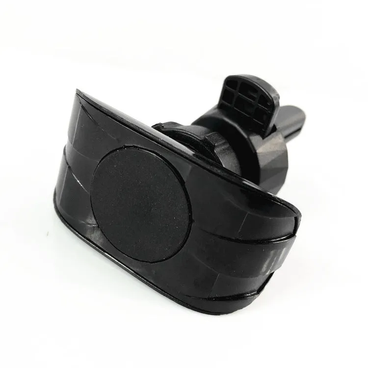 Matte black car phone holder clipped onto a car air vent, holding a smartphone.