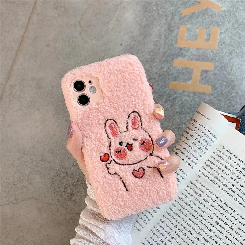 Plush love bear rabbit TPU phone case in pink and brown for iPhone models