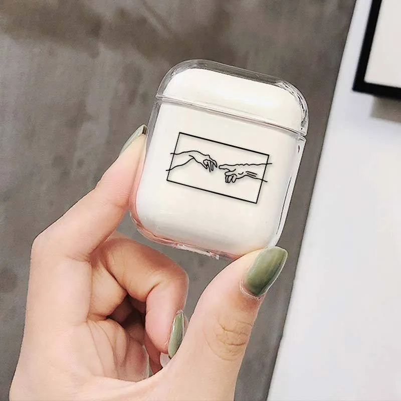 Clear transparent plastic protective cover for Apple AirPods case.