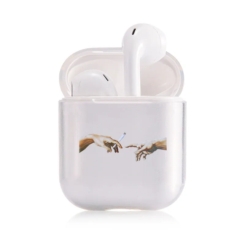 Clear transparent plastic protective cover for Apple AirPods case.