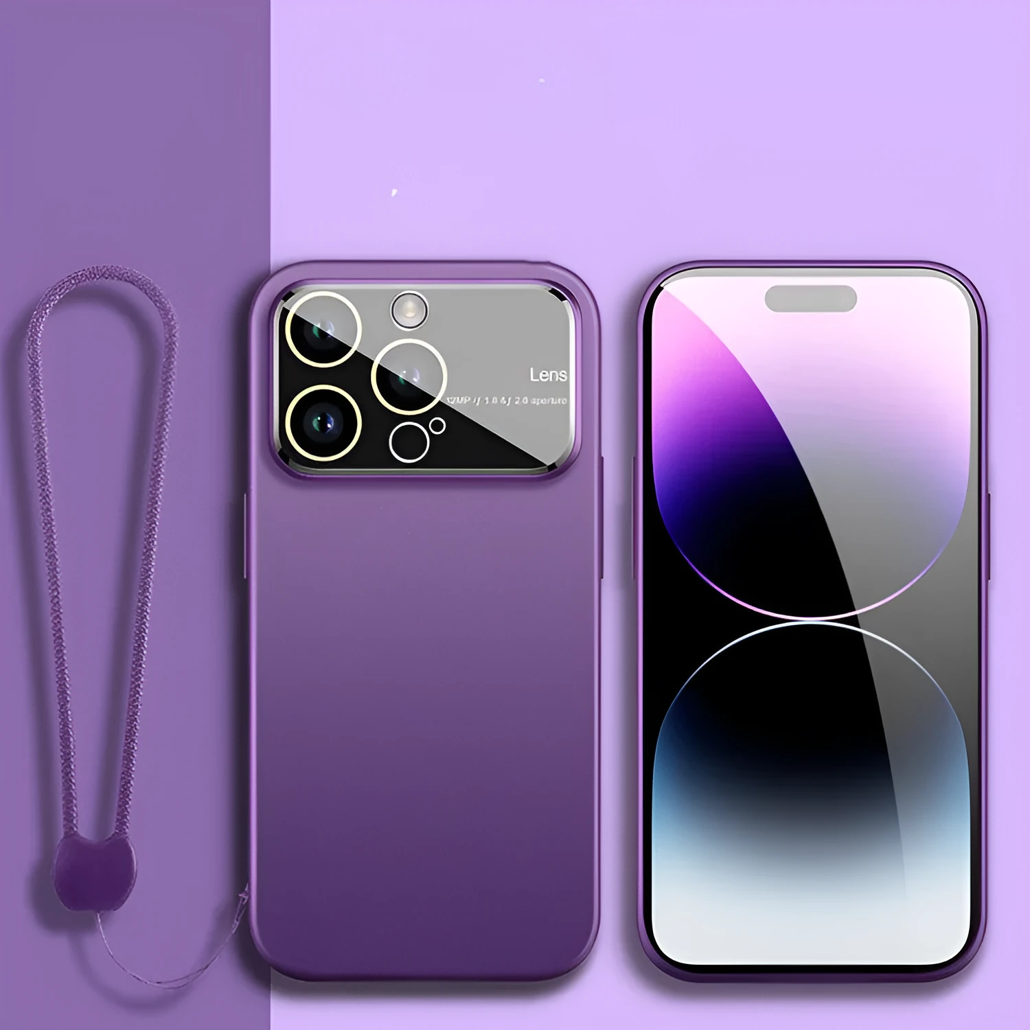 Frosted large window PC phone case for iPhone in Dark Purple with hanging cord