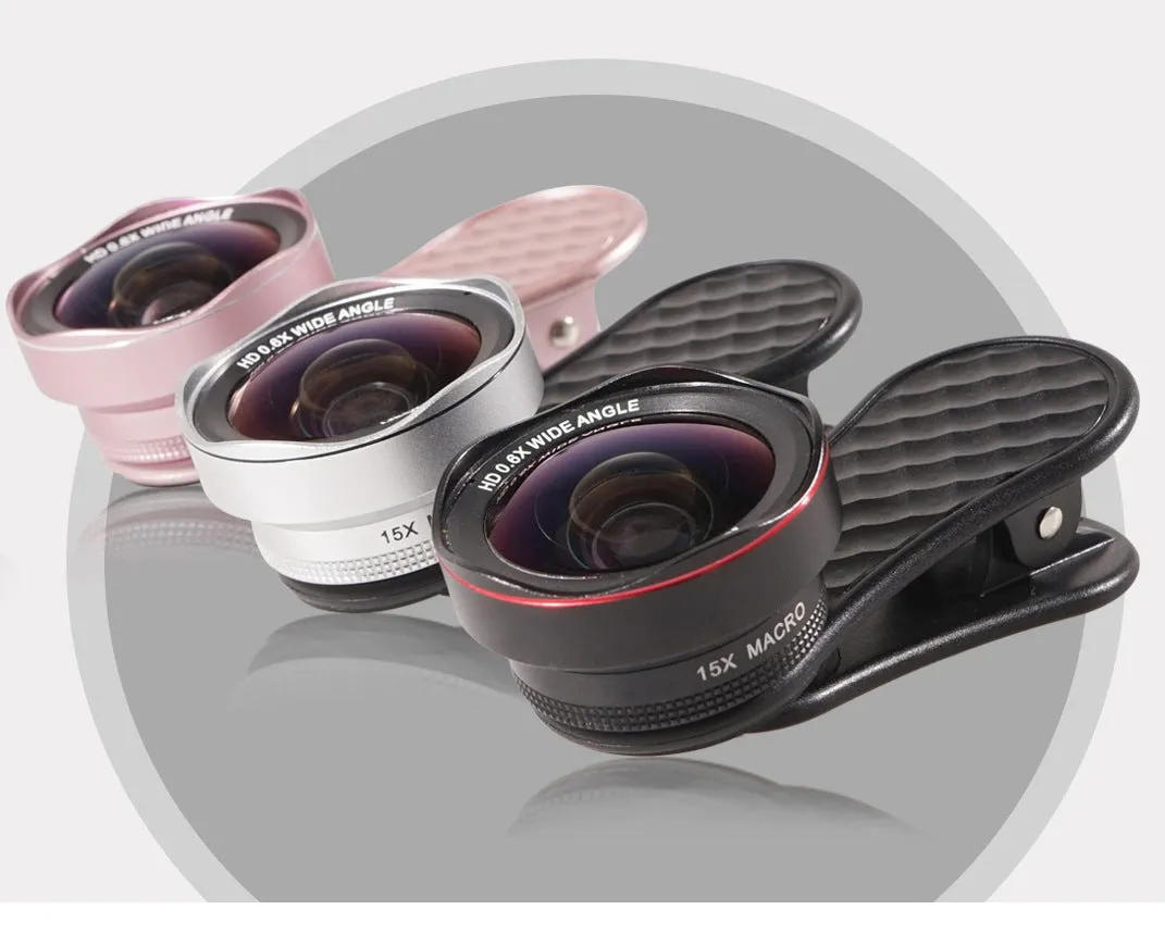 Mobile phone external camera lens kit showing wide-angle and macro lenses with clip and storage box in black finish
