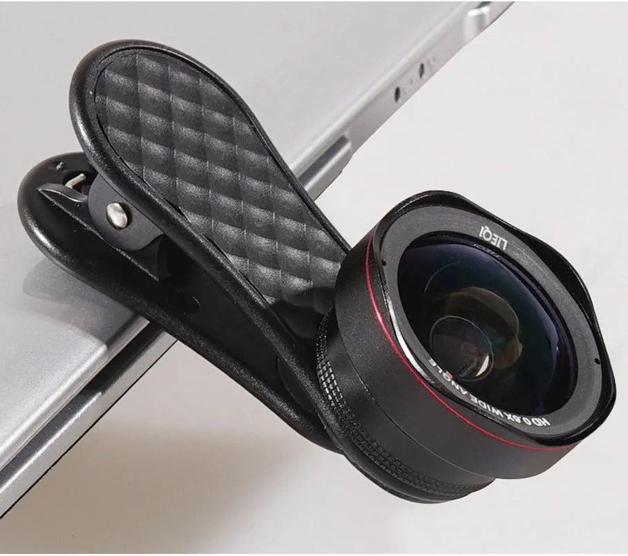 Mobile phone external camera lens kit showing wide-angle and macro lenses with clip and storage box in black finish