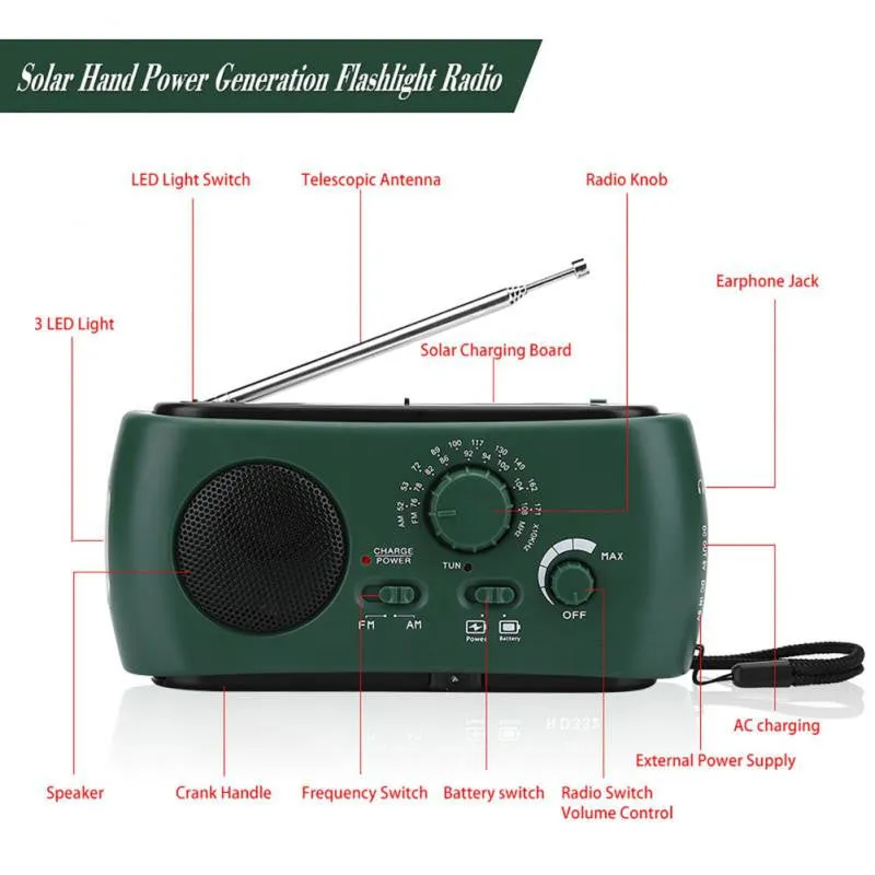 AM FM solar hand crank rechargeable radio with LED flashlight in white, measuring 15x7x4cm, for hiking and emergency use