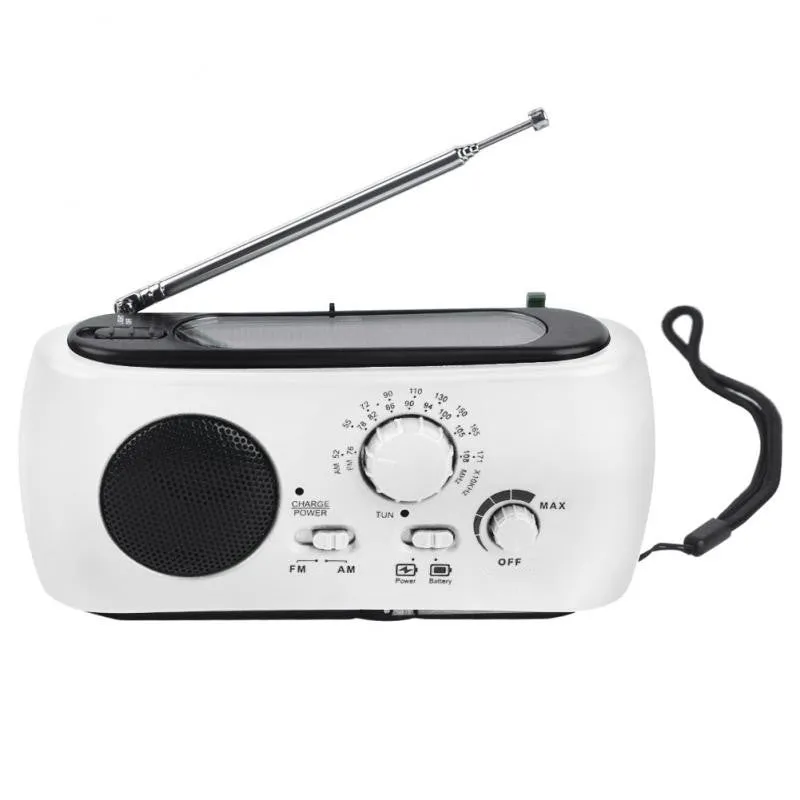 AM FM solar hand crank rechargeable radio with LED flashlight in white, measuring 15x7x4cm, for hiking and emergency use