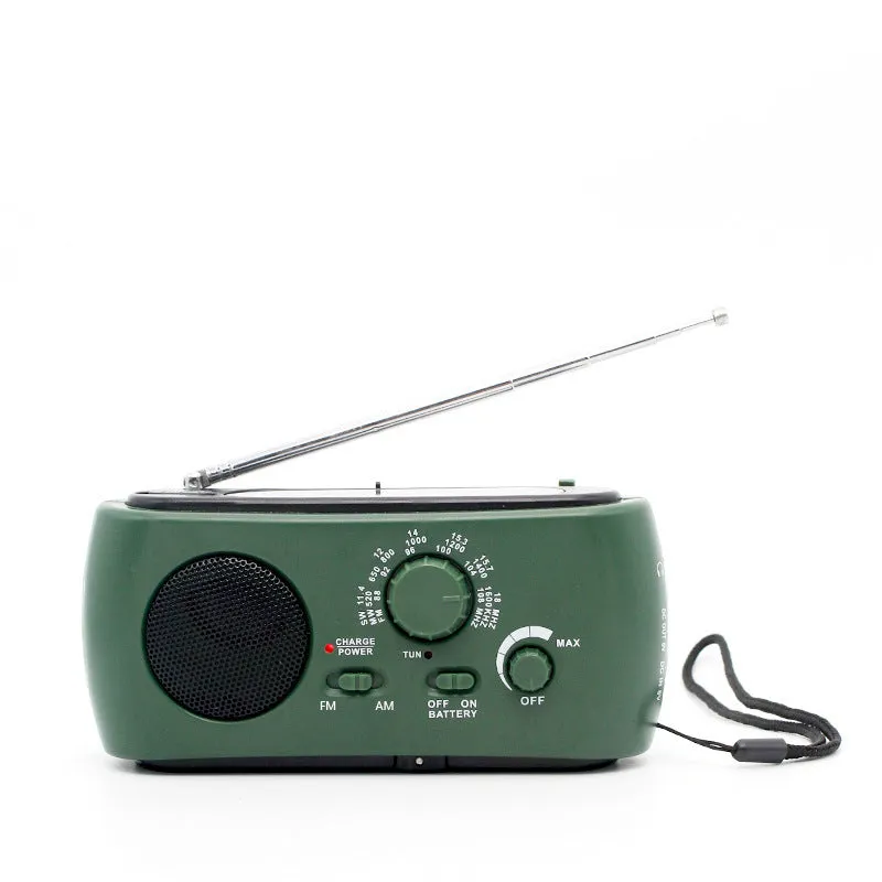 AM FM solar hand crank rechargeable radio with LED flashlight in white, measuring 15x7x4cm, for hiking and emergency use