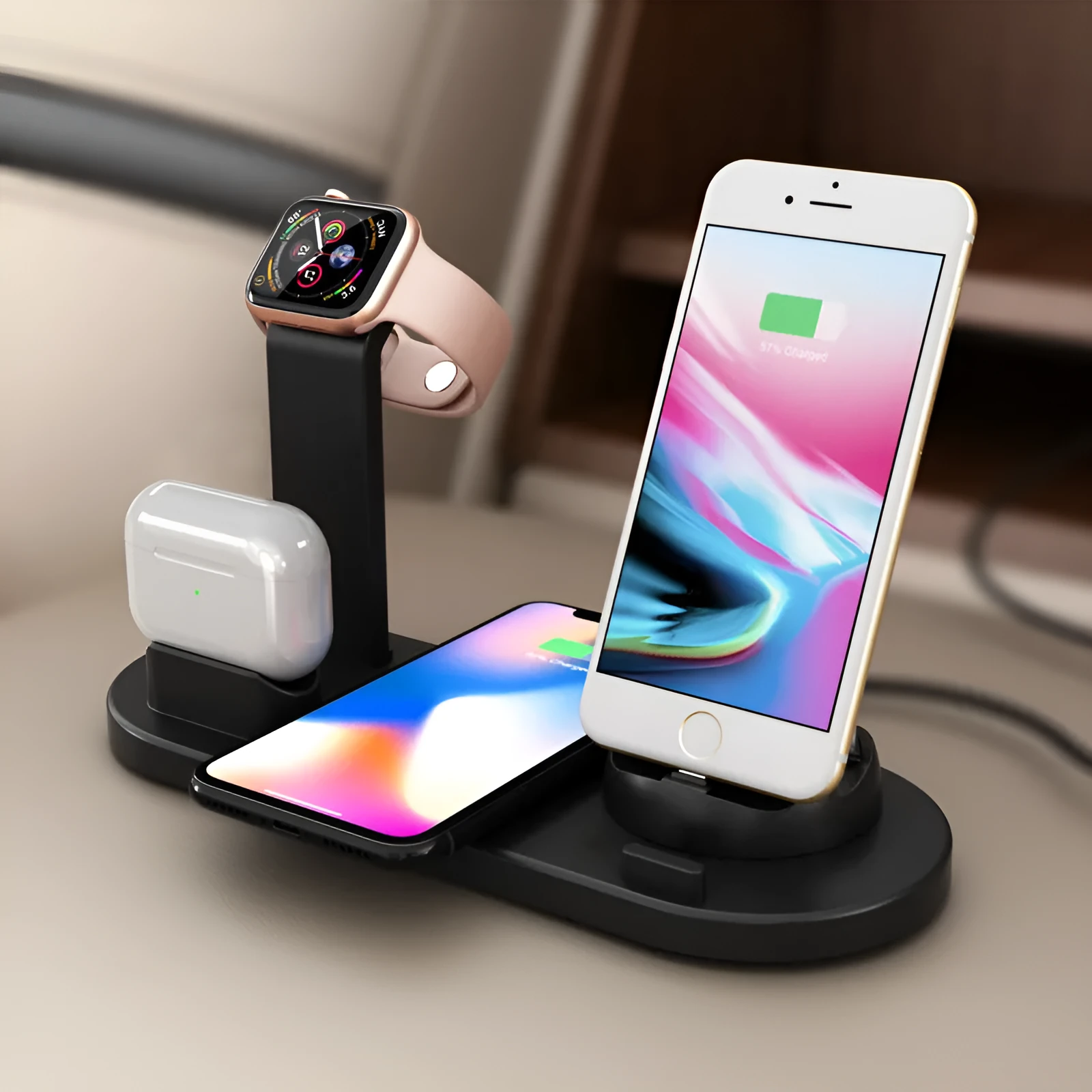 Black or white three-in-one wireless charging bracket for Apple Watch and AirPods with USB connectivity