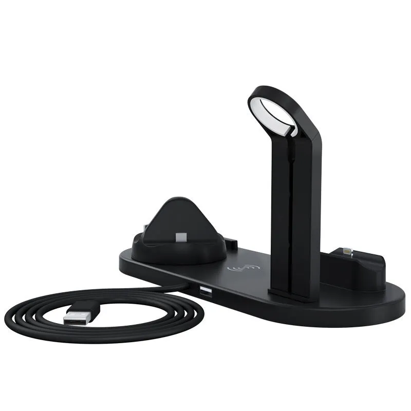 Black or white three-in-one wireless charging bracket for Apple Watch and AirPods with USB connectivity