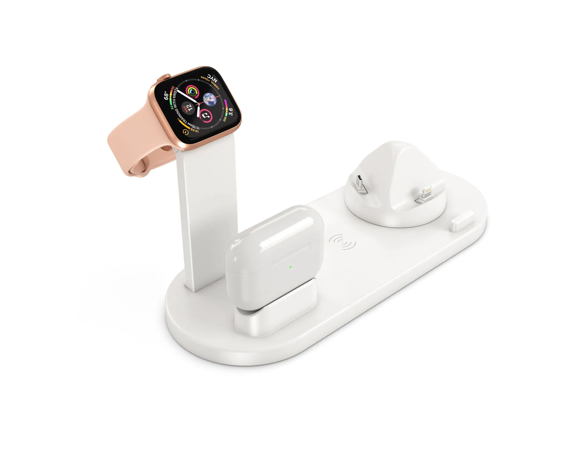 Black or white three-in-one wireless charging bracket for Apple Watch and AirPods with USB connectivity