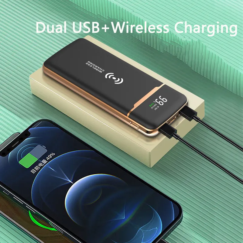 Gold-plated portable power bank with 20000mAh capacity, multi-USB output, plastic case in classic black