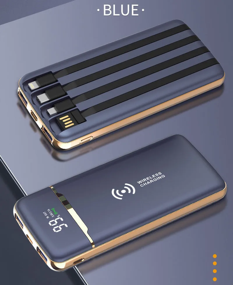 Gold-plated portable power bank with 20000mAh capacity, multi-USB output, plastic case in classic black