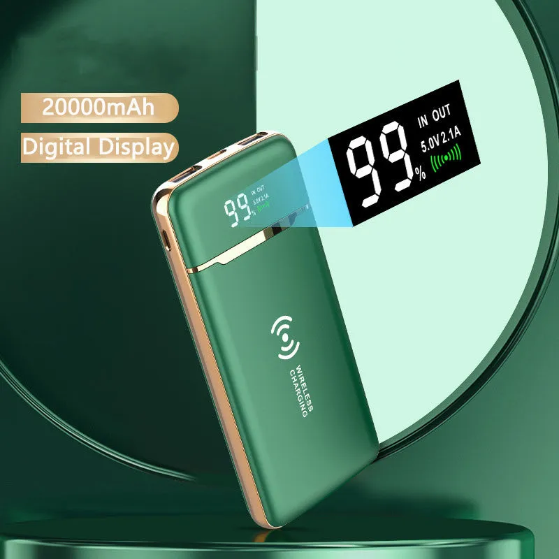 Gold-plated portable power bank with 20000mAh capacity, multi-USB output, plastic case in classic black