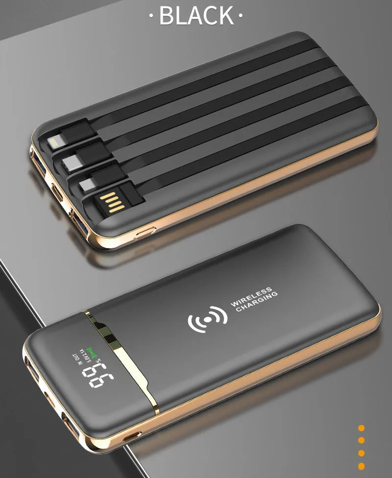 Gold-plated portable power bank with 20000mAh capacity, multi-USB output, plastic case in classic black