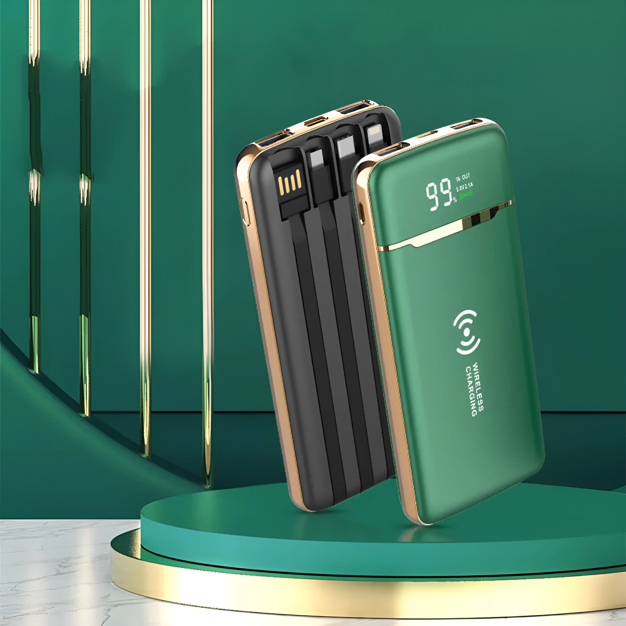 Gold-plated portable power bank with 20000mAh capacity, multi-USB output, plastic case in classic black
