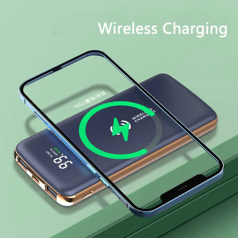 Gold-plated portable power bank with 20000mAh capacity, multi-USB output, plastic case in classic black