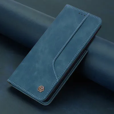 Imitation leather flip wallet case with magnetic closure and card slots for iPhone Samsung Huawei Xiaomi in black brown dark green wine red