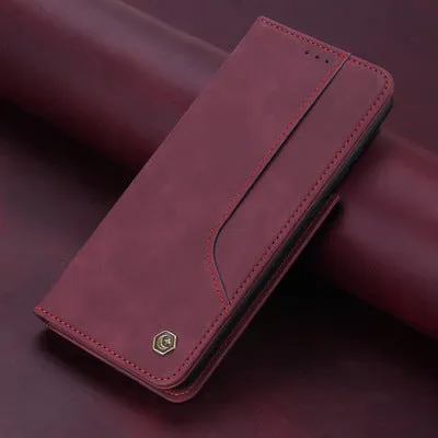 Imitation leather flip wallet case with magnetic closure and card slots for iPhone Samsung Huawei Xiaomi in black brown dark green wine red