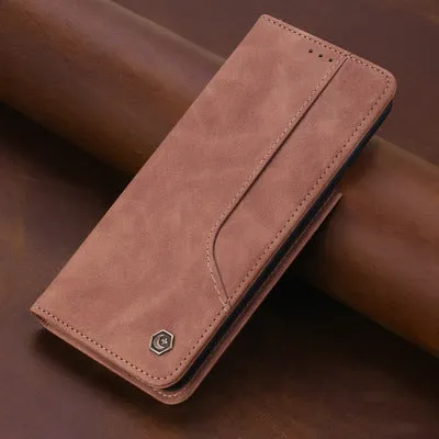 Imitation leather flip wallet case with magnetic closure and card slots for iPhone Samsung Huawei Xiaomi in black brown dark green wine red