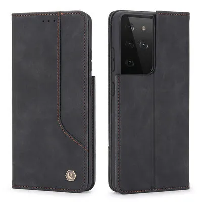 Imitation leather flip wallet case with magnetic closure and card slots for iPhone Samsung Huawei Xiaomi in black brown dark green wine red