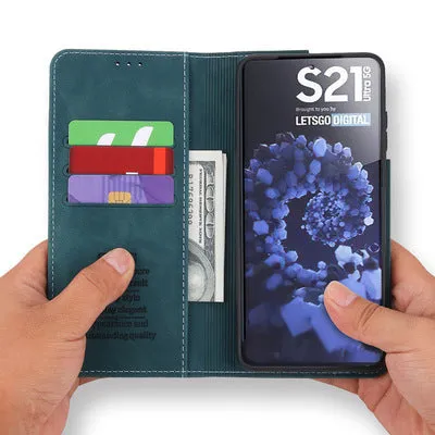 Imitation leather flip wallet case with magnetic closure and card slots for iPhone Samsung Huawei Xiaomi in black brown dark green wine red